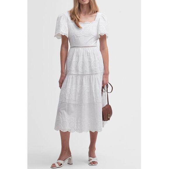 Barbour Joanne Eyelet Embroidered Tiered Cotton Midi Dress (see narrative & pics - Picture 1 of 7